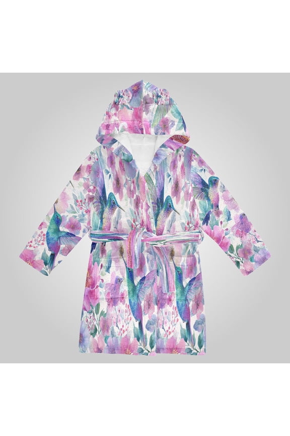 Hooded Fleece Bathrobe with Removable Belt and Pockets Soft and Absorbent for Home, Pool, Beach, Halloween, and Christmas Wear Hummingbird Garden Pattern