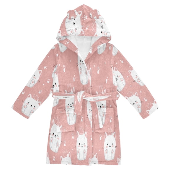 RMDQTR Hooded Fleece Bathrobe with Removable Belt and Pockets Soft and Absorbent for Home, Pool, Beach, Halloween, and Christmas Wear Kawaii White Cats