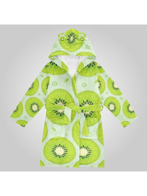Hooded Fleece Bathrobe with Removable Belt and Pockets Soft and Absorbent for Home, Pool, Beach, Halloween, and Christmas Wear Kiwi Fruit Slice Pattern