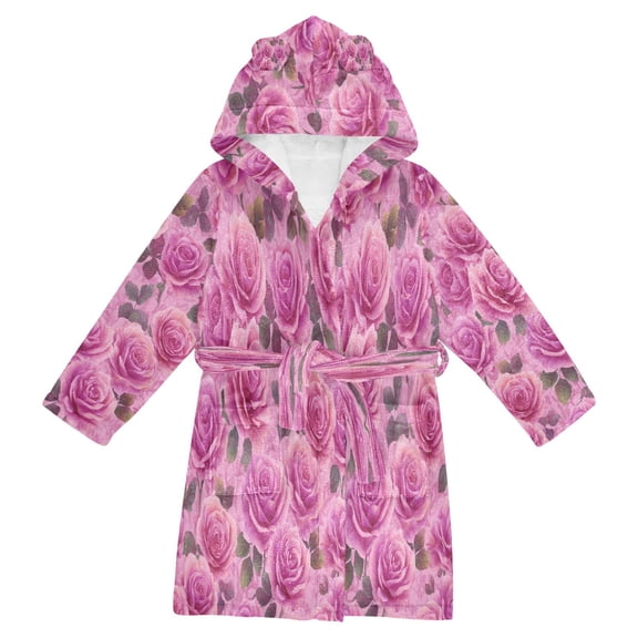RMDQTR Hooded Fleece Bathrobe with Removable Belt and Pockets Soft and Absorbent for Home, Pool, Beach, Halloween, and Christmas Wear Magenta-red Roses Pattern