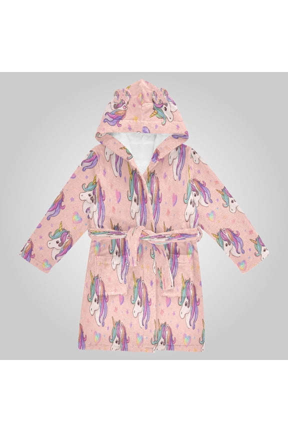 Hooded Fleece Bathrobe with Removable Belt and Pockets Soft and Absorbent for Home, Pool, Beach, Halloween, and Christmas Wear Magical Unicorn Love Pattern
