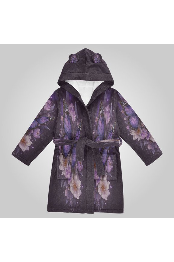 Hooded Fleece Bathrobe with Removable Belt and Pockets Soft and Absorbent for Home, Pool, Beach, Halloween, and Christmas Wear Midnight Violet Wings