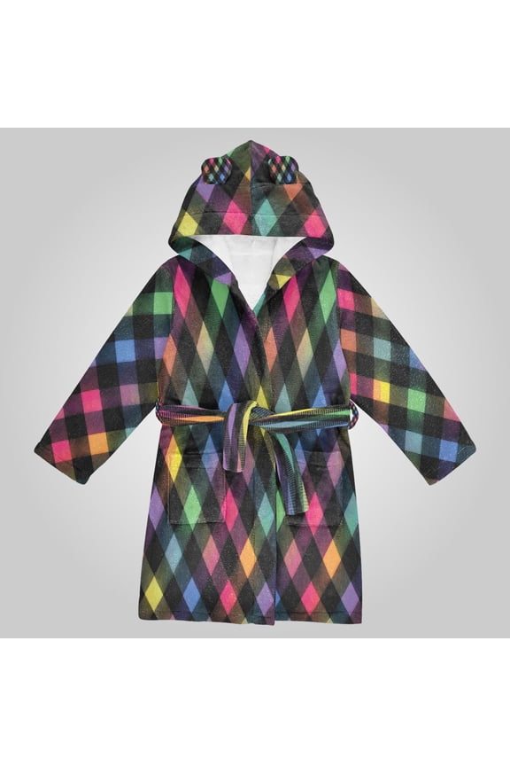 Hooded Fleece Bathrobe with Removable Belt and Pockets Soft and Absorbent for Home, Pool, Beach, Halloween, and Christmas Wear Neon Rainbow Checkered Pattern
