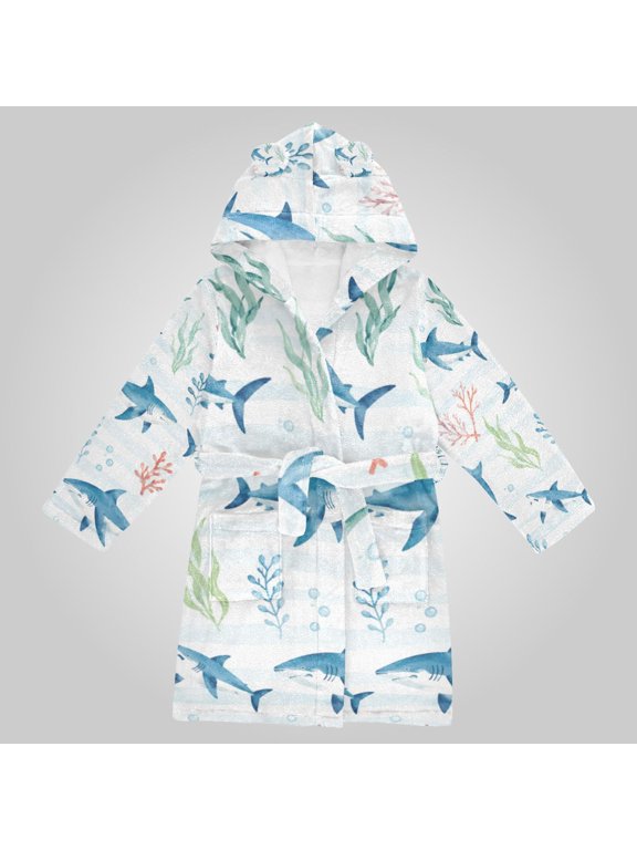 Hooded Fleece Bathrobe with Removable Belt and Pockets Soft and Absorbent for Home, Pool, Beach, Halloween, and Christmas Wear Oceanic Shark Pattern