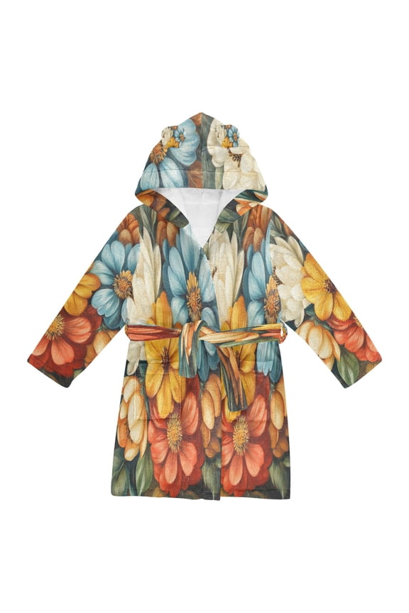 Hooded Fleece Bathrobe with Removable Belt and Pockets Soft and Absorbent for Home, Pool, Beach, Halloween, and Christmas Wear Oil Painting Flowers