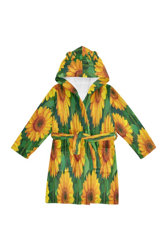 Hooded Fleece Bathrobe with Removable Belt and Pockets Soft and Absorbent for Home, Pool, Beach, Halloween, and Christmas Wear Oil Sunflower Pattern