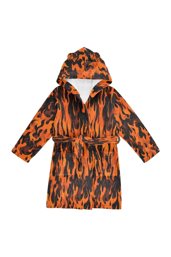 Hooded Fleece Bathrobe with Removable Belt and Pockets Soft and Absorbent for Home, Pool, Beach, Halloween, and Christmas Wear Orange and Black Flames