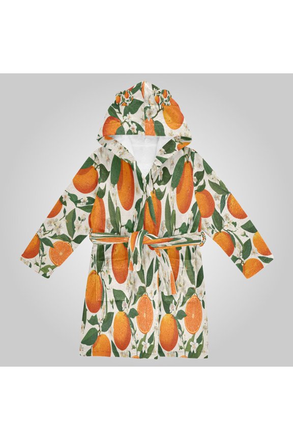 Hooded Fleece Bathrobe with Removable Belt and Pockets Soft and Absorbent for Home, Pool, Beach, Halloween, and Christmas Wear Orange Blossom Pattern