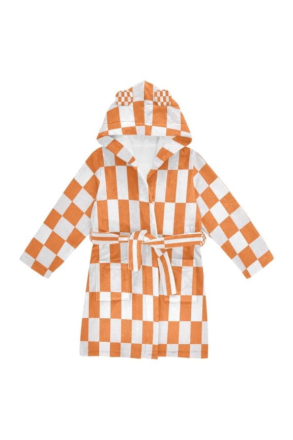 Hooded Fleece Bathrobe with Removable Belt and Pockets Soft and Absorbent for Home, Pool, Beach, Halloween, and Christmas Wear Orange Checkerboard