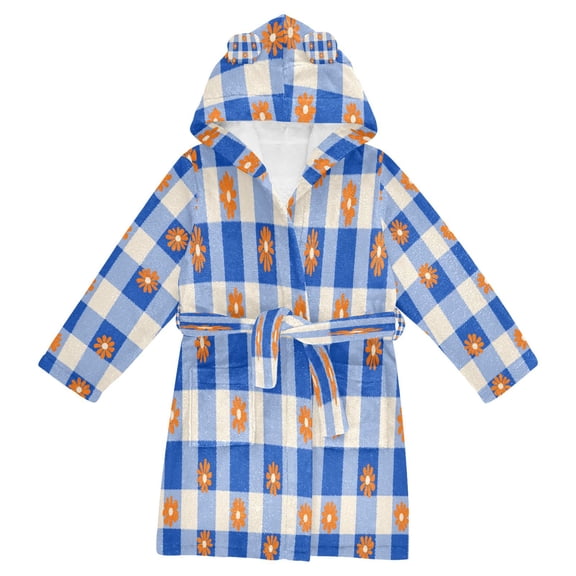 RMDQTR Hooded Fleece Bathrobe with Removable Belt and Pockets Soft and Absorbent for Home, Pool, Beach, Halloween, and Christmas Wear Orange Flowers on Checkered Pattern
