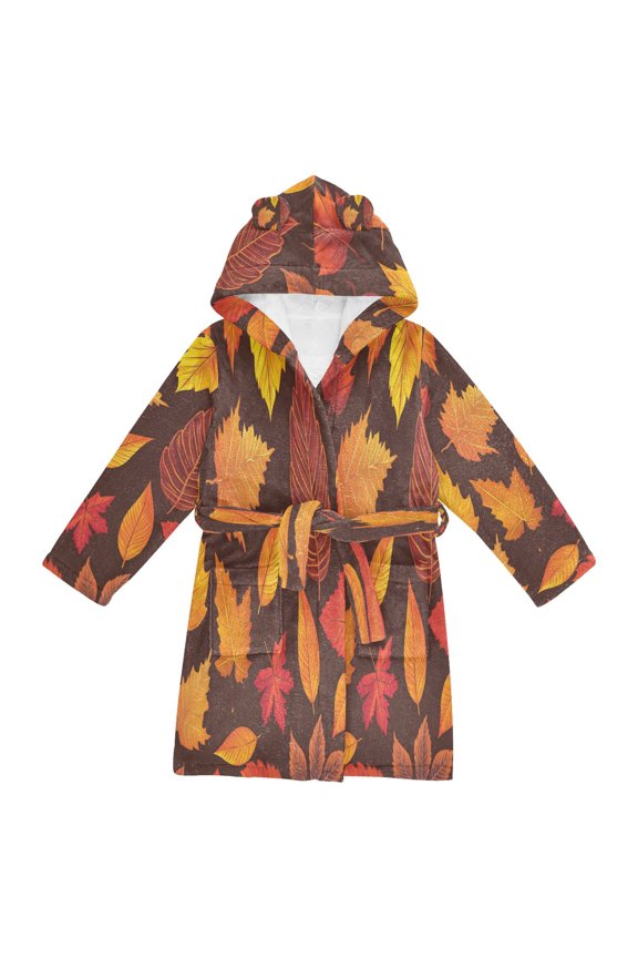 Hooded Fleece Bathrobe with Removable Belt and Pockets Soft and Absorbent for Home, Pool, Beach, Halloween, and Christmas Wear Orange Maple Leaves
