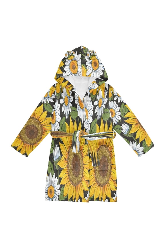 Hooded Fleece Bathrobe with Removable Belt and Pockets Soft and Absorbent for Home, Pool, Beach, Halloween, and Christmas Wear Painting Daisy Sunflowers