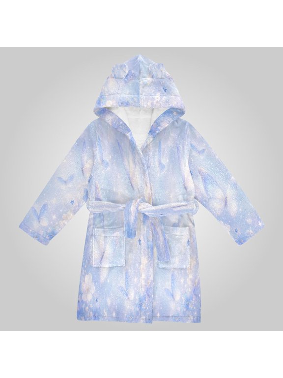 Hooded Fleece Bathrobe with Removable Belt and Pockets Soft and Absorbent for Home, Pool, Beach, Halloween, and Christmas Wear Pastel Blue Butterfly Magic