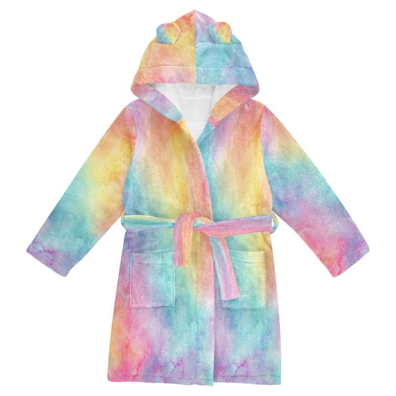 RMDQTR Hooded Fleece Bathrobe with Removable Belt and Pockets Soft and Absorbent for Home, Pool, Beach, Halloween, and Christmas Wear Pastel Rainbow Tie-dye Pattern