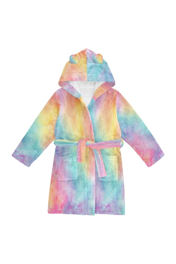 Hooded Fleece Bathrobe with Removable Belt and Pockets Soft and Absorbent for Home, Pool, Beach, Halloween, and Christmas Wear Pastel Rainbow Tie-dye Pattern