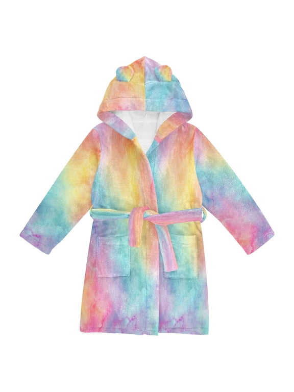 Hooded Fleece Bathrobe with Removable Belt and Pockets Soft and Absorbent for Home, Pool, Beach, Halloween, and Christmas Wear Pastel Rainbow Tie-dye Pattern