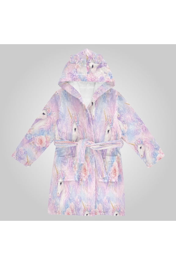 Hooded Fleece Bathrobe with Removable Belt and Pockets Soft and Absorbent for Home, Pool, Beach, Halloween, and Christmas Wear Pastel Unicorn Roses Design