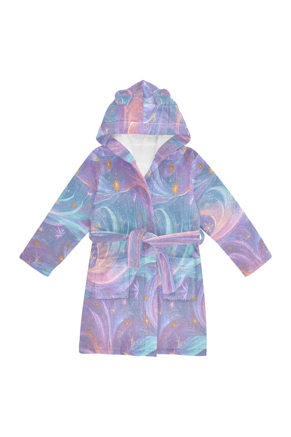 Hooded Fleece Bathrobe with Removable Belt and Pockets Soft and Absorbent for Home, Pool, Beach, Halloween, and Christmas Wear Pastel Waves and Stars