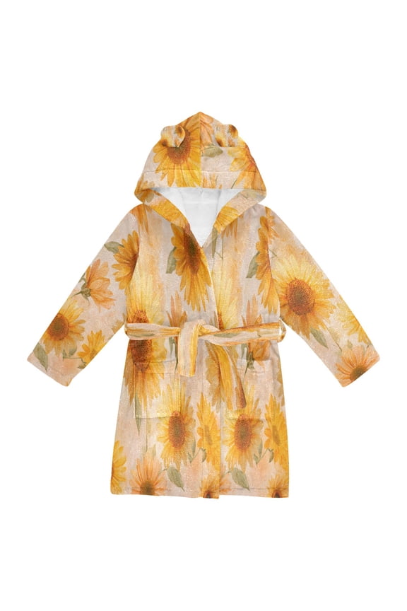 Hooded Fleece Bathrobe with Removable Belt and Pockets Soft and Absorbent for Home, Pool, Beach, Halloween, and Christmas Wear Pastel-toned Sunflowers Pattern