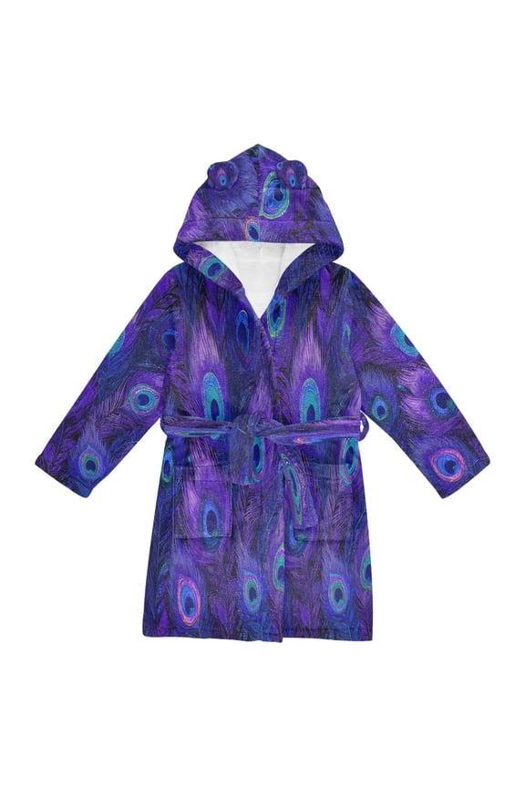 Hooded Fleece Bathrobe with Removable Belt and Pockets Soft and Absorbent for Home, Pool, Beach, Halloween, and Christmas Wear Peacock Feathers