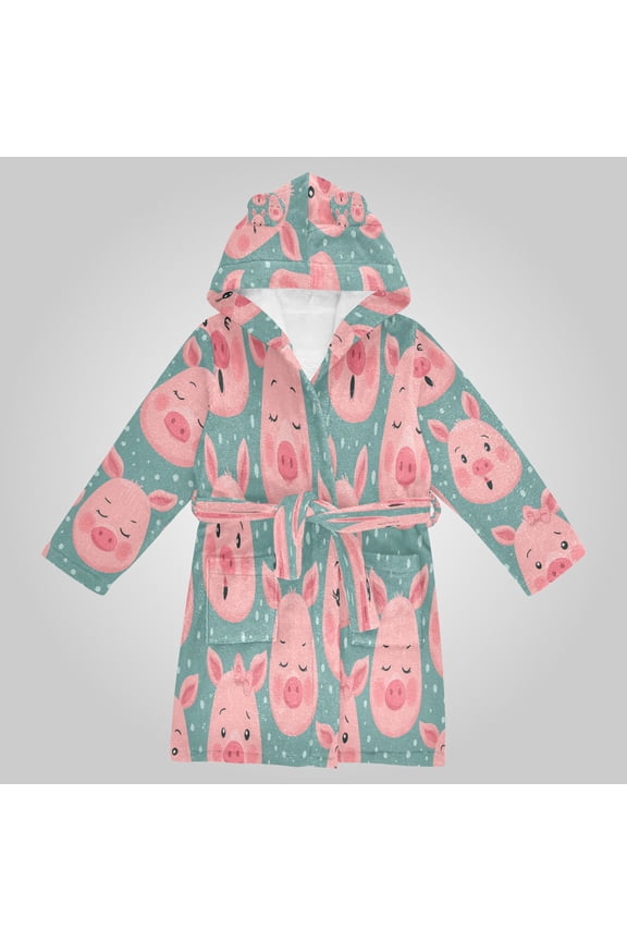 Hooded Fleece Bathrobe with Removable Belt and Pockets Soft and Absorbent for Home, Pool, Beach, Halloween, and Christmas Wear Piggy Moods Pattern