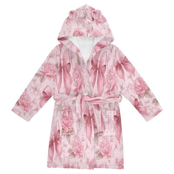 RMDQTR Hooded Fleece Bathrobe with Removable Belt and Pockets Soft and Absorbent for Home, Pool, Beach, Halloween, and Christmas Wear Pink Bows and Peony Flowers