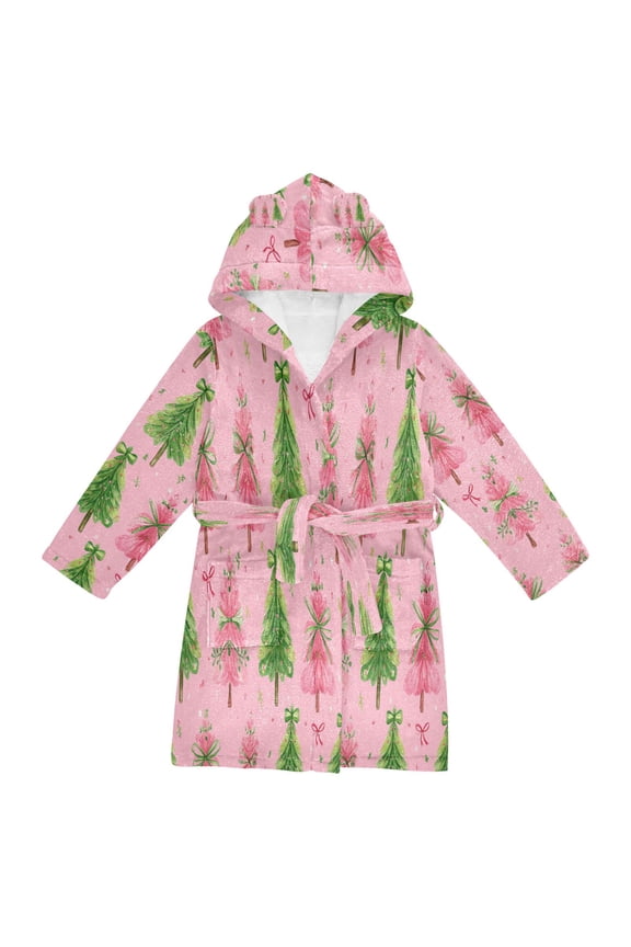 Hooded Fleece Bathrobe with Removable Belt and Pockets Soft and Absorbent for Home, Pool, Beach, Halloween, and Christmas Wear Pink Christmas Tree Pattern