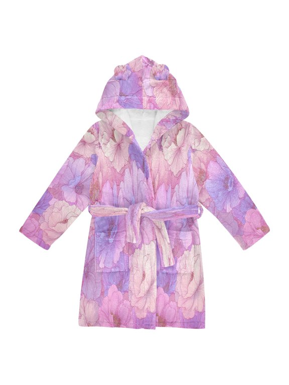 Hooded Fleece Bathrobe with Removable Belt and Pockets Soft and Absorbent for Home, Pool, Beach, Halloween, and Christmas Wear Pink Fantasy Flowers Pattern