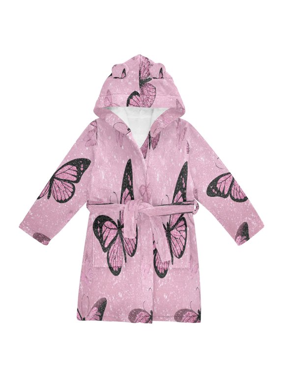 Hooded Fleece Bathrobe with Removable Belt and Pockets Soft and Absorbent for Home, Pool, Beach, Halloween, and Christmas Wear Pink Sequin Butterfly