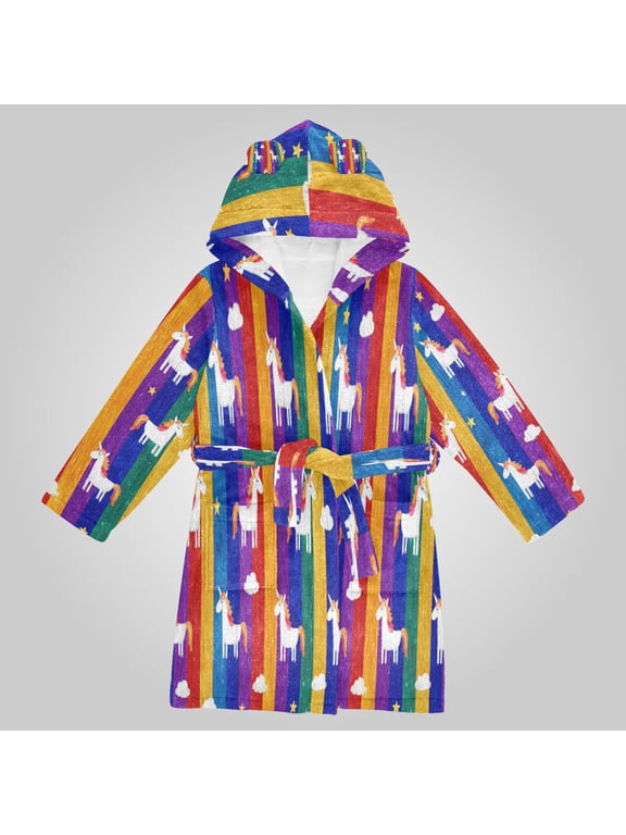 Hooded Fleece Bathrobe with Removable Belt and Pockets Soft and Absorbent for Home, Pool, Beach, Halloween, and Christmas Wear Playful Rainbow Unicorn Artwork