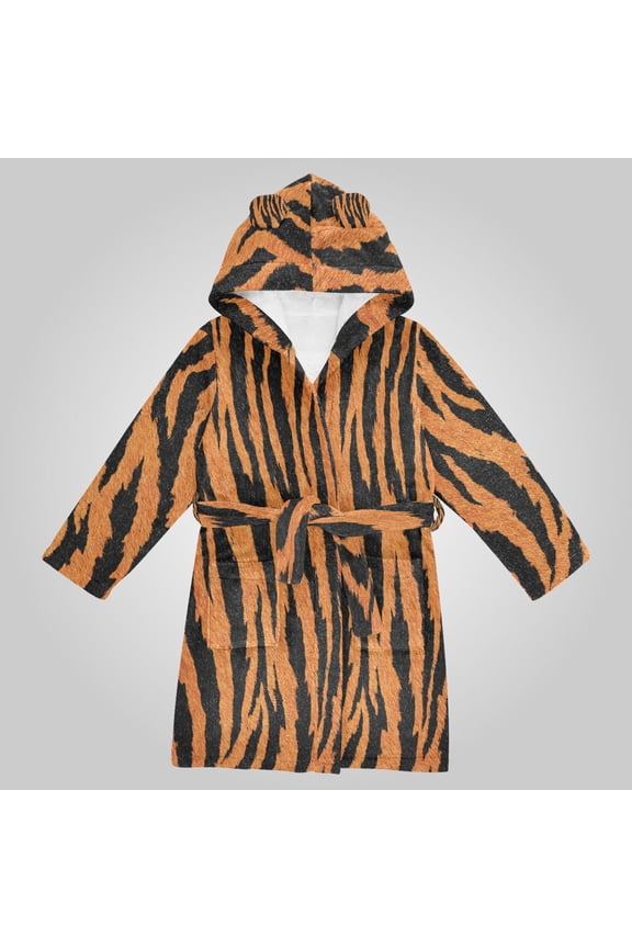 Hooded Fleece Bathrobe with Removable Belt and Pockets Soft and Absorbent for Home, Pool, Beach, Halloween, and Christmas Wear Plush Tiger Stripe Pattern