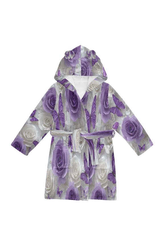 Hooded Fleece Bathrobe with Removable Belt and Pockets Soft and Absorbent for Home, Pool, Beach, Halloween, and Christmas Wear Purple Butterflies and White Roses