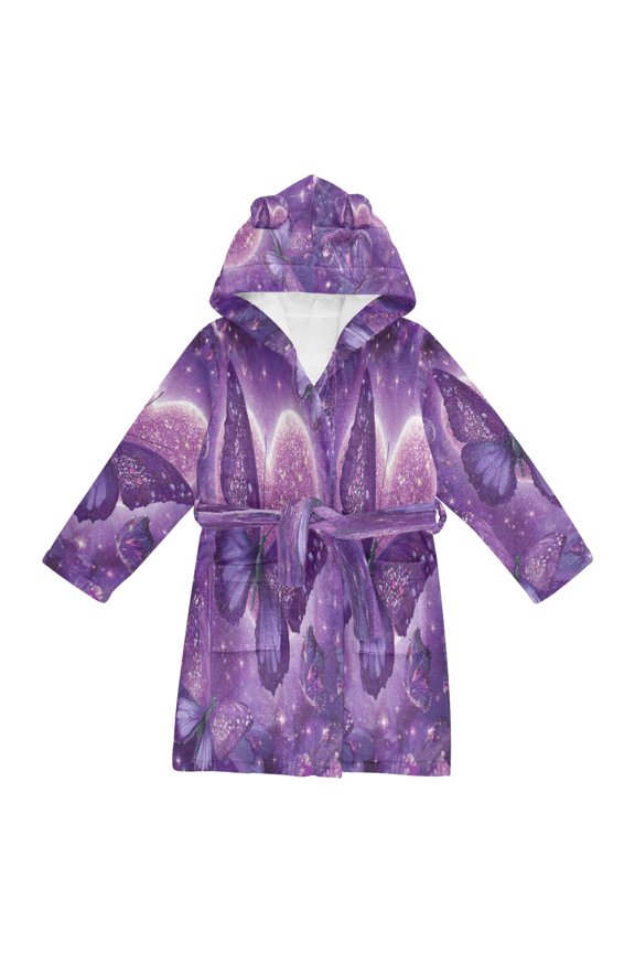 Hooded Fleece Bathrobe with Removable Belt and Pockets Soft and Absorbent for Home, Pool, Beach, Halloween, and Christmas Wear Purple Diamond Butterfly