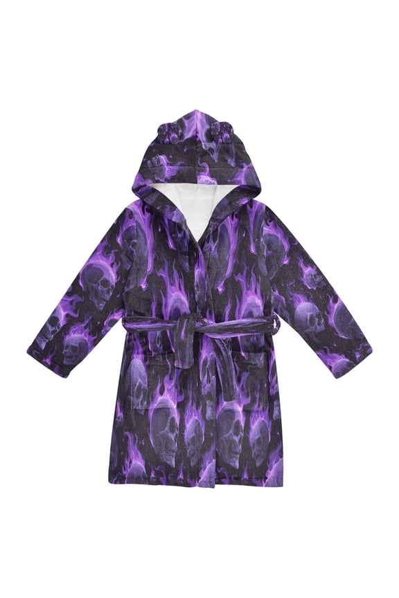 Hooded Fleece Bathrobe with Removable Belt and Pockets Soft and Absorbent for Home, Pool, Beach, Halloween, and Christmas Wear Purple Qi Skeleton