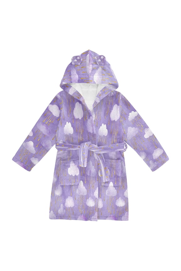 Hooded Fleece Bathrobe with Removable Belt and Pockets Soft and Absorbent for Home, Pool, Beach, Halloween, and Christmas Wear Rain Clouds and Golden Droplets