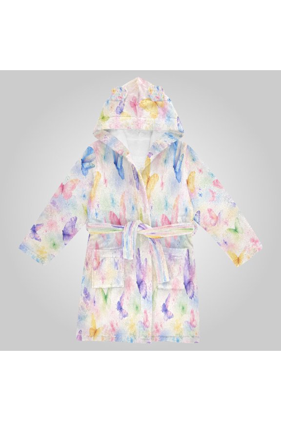 Hooded Fleece Bathrobe with Removable Belt and Pockets Soft and Absorbent for Home, Pool, Beach, Halloween, and Christmas Wear Rainbow Butterfly Seamless Pattern