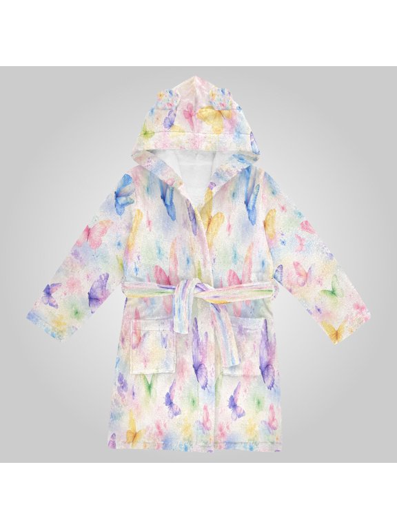 Hooded Fleece Bathrobe with Removable Belt and Pockets Soft and Absorbent for Home, Pool, Beach, Halloween, and Christmas Wear Rainbow Butterfly Seamless Pattern