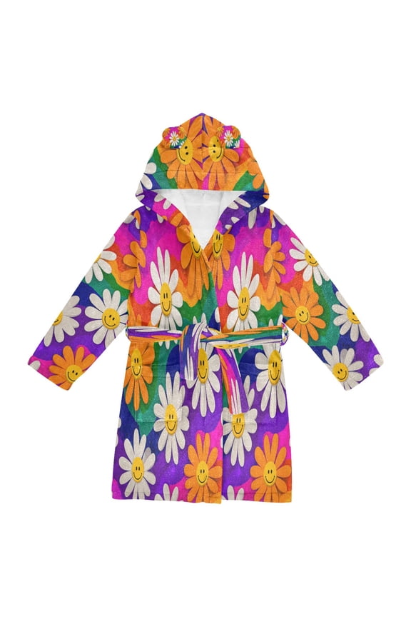 Hooded Fleece Bathrobe with Removable Belt and Pockets Soft and Absorbent for Home, Pool, Beach, Halloween, and Christmas Wear Rainbow Daisy Flowers