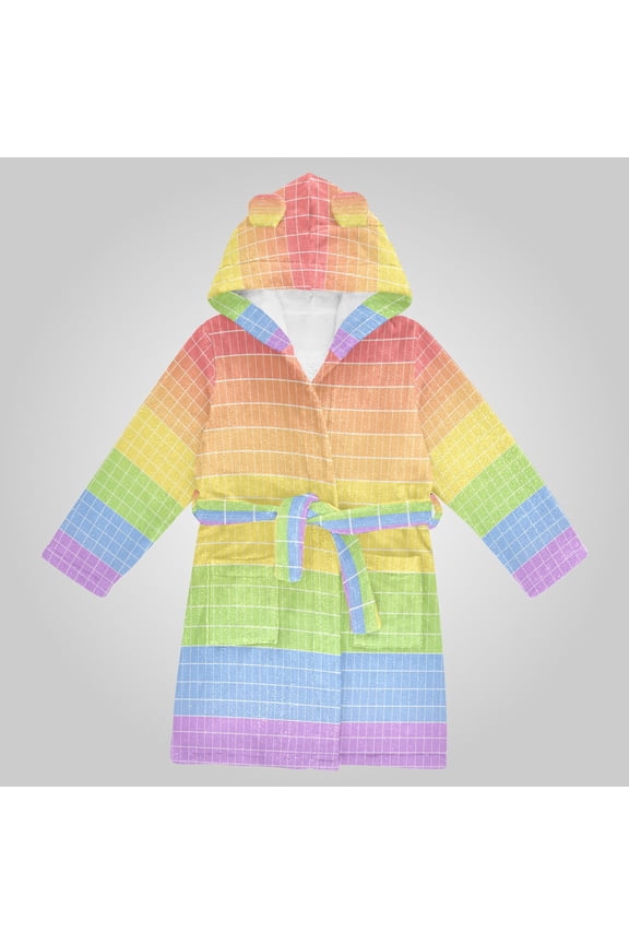 Hooded Fleece Bathrobe with Removable Belt and Pockets Soft and Absorbent for Home, Pool, Beach, Halloween, and Christmas Wear Rainbow Grid Seamless Pattern