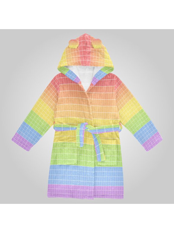 Hooded Fleece Bathrobe with Removable Belt and Pockets Soft and Absorbent for Home, Pool, Beach, Halloween, and Christmas Wear Rainbow Grid Seamless Pattern