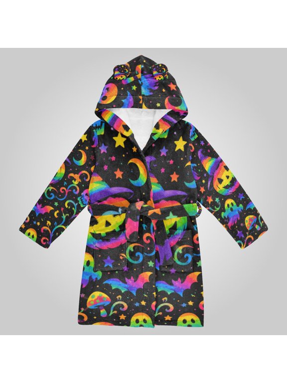 Hooded Fleece Bathrobe with Removable Belt and Pockets Soft and Absorbent for Home, Pool, Beach, Halloween, and Christmas Wear Rainbow Halloween Pattern