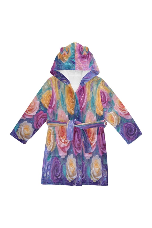 Hooded Fleece Bathrobe with Removable Belt and Pockets Soft and Absorbent for Home, Pool, Beach, Halloween, and Christmas Wear Rainbow Hues Roses