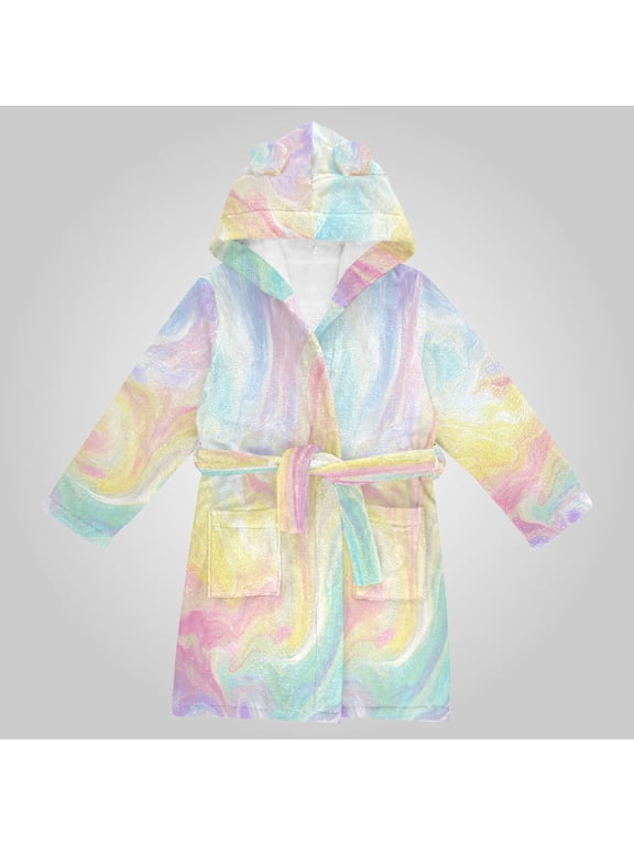 Hooded Fleece Bathrobe with Removable Belt and Pockets Soft and Absorbent for Home, Pool, Beach, Halloween, and Christmas Wear Rainbow Liquid Vortex