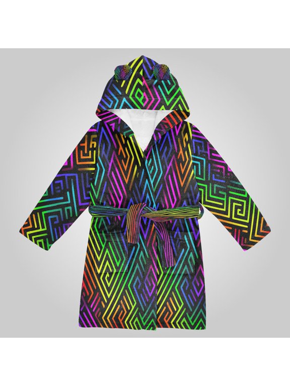 Hooded Fleece Bathrobe with Removable Belt and Pockets Soft and Absorbent for Home, Pool, Beach, Halloween, and Christmas Wear Rainbow Neon Labyrinth Print