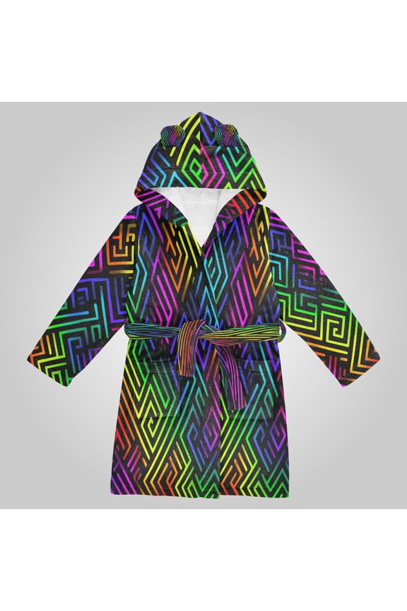 Hooded Fleece Bathrobe with Removable Belt and Pockets Soft and Absorbent for Home, Pool, Beach, Halloween, and Christmas Wear Rainbow Neon Labyrinth Print