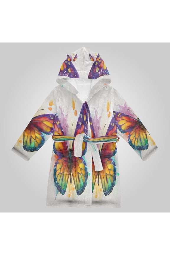 Hooded Fleece Bathrobe with Removable Belt and Pockets Soft and Absorbent for Home, Pool, Beach, Halloween, and Christmas Wear Rainbow Spectrum Butterfly