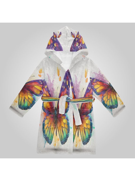 Hooded Fleece Bathrobe with Removable Belt and Pockets Soft and Absorbent for Home, Pool, Beach, Halloween, and Christmas Wear Rainbow Spectrum Butterfly