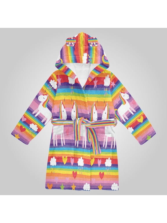 Hooded Fleece Bathrobe with Removable Belt and Pockets Soft and Absorbent for Home, Pool, Beach, Halloween, and Christmas Wear Rainbow Striped Unicorn Print