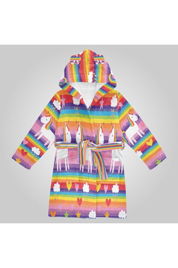 Hooded Fleece Bathrobe with Removable Belt and Pockets Soft and Absorbent for Home, Pool, Beach, Halloween, and Christmas Wear Rainbow Striped Unicorn Print