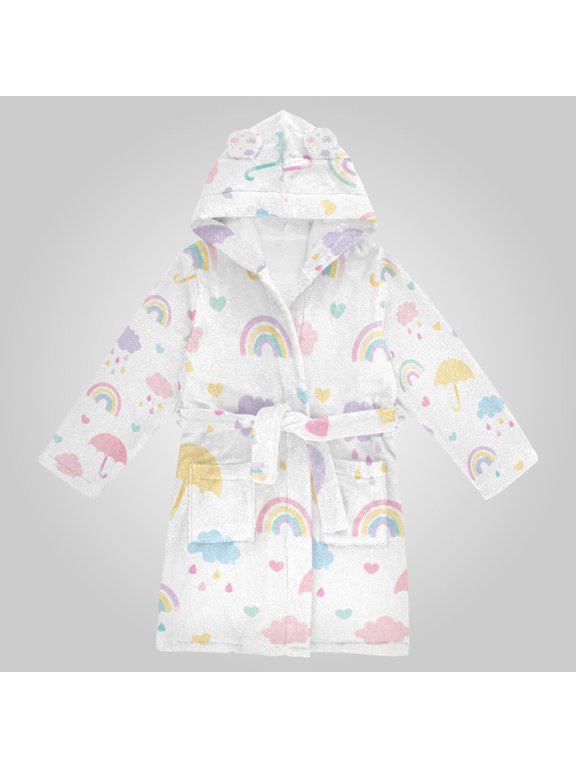Hooded Fleece Bathrobe with Removable Belt and Pockets Soft and Absorbent for Home, Pool, Beach, Halloween, and Christmas Wear Rainbow Umbrella Cloud Pattern